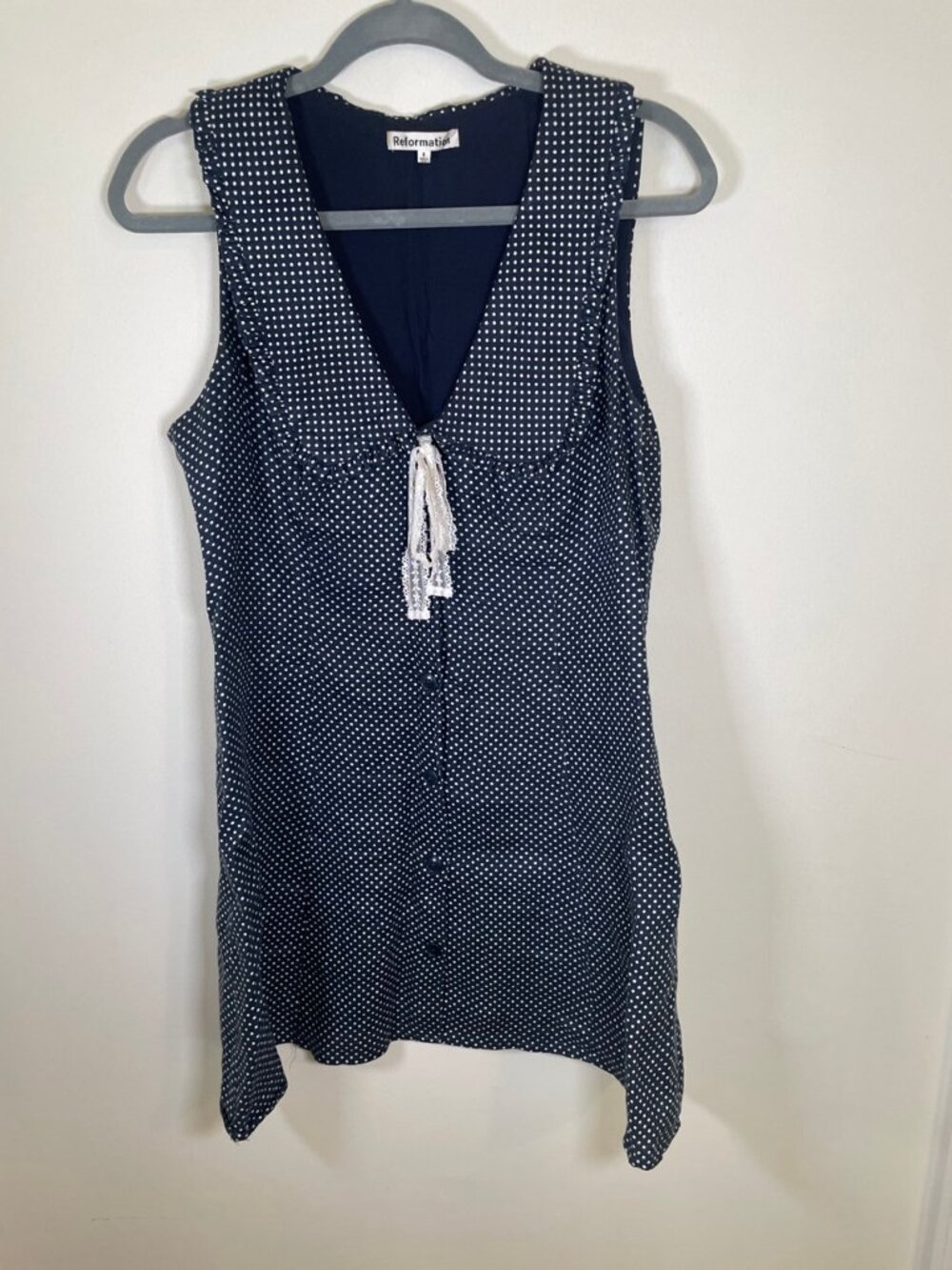 Reformation 100% Linen Soraya Dress in Navy Blue Polka Dot